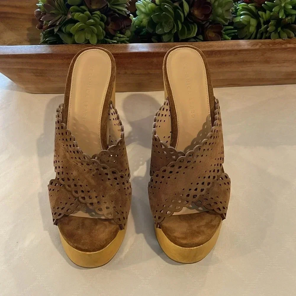 Veronica Beard Tan Suede Platform Mules with Wooden Block Heel
